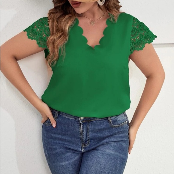 Plus Size Sheer Lace Sleeve Scallop Trim Top Blouse Shirt Green - Picture 4 of 16